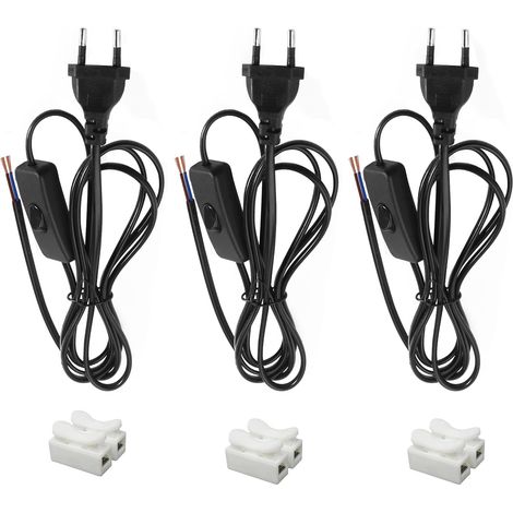 3 Pièces Cordon avec Interrupteur 1,8 m Câble de Connexion avec Euro Fiche, 2 x 0,75 mm²,2 x Câbles de Lampe avec Interrupteur pour Lampes, Lampes de Table, lampadaires (Noir) (1/5)