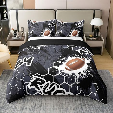 Coton Housse de Couette 200x200,Rugby Sport Parure de Lit Lit,Cellular Football Imprimé Chambre À Coucher Décoration Enfant Garçon Literie Set,Dessin À L'Encre Noir Blanc Couvre Lit (1/5)