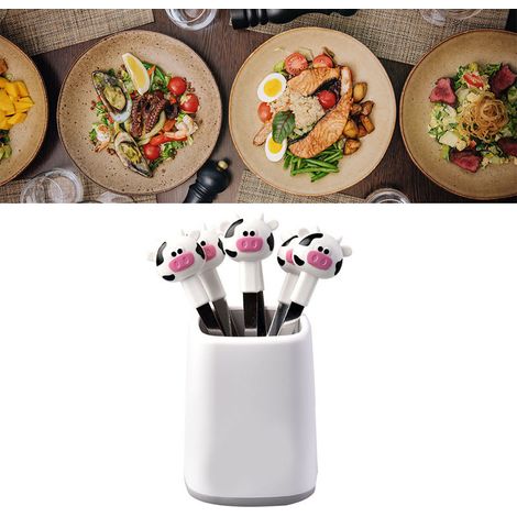 Fourchette à fruits en forme de vache (modèle RB573) en acier inoxydable, motif vache blanche, idéale pour les desserts, gâteaux et pâtisseries. (1/5)