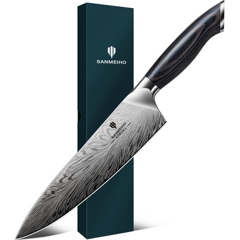 Couteau de Chef en Acier Poudré, 20cm Couteaux de Cuisine Japonais, Couteau Ultra Tranchants, Lame en Acier à Haute Teneur en Carbone avec Manche Ergonomique en Bois de Pakka - Series (1/5)