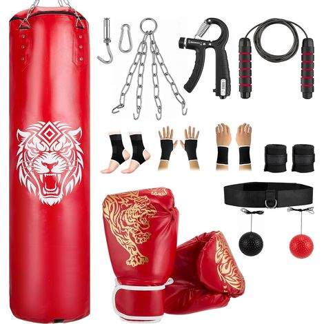 Ensemble de sac de frappe pour adultes, sac de frappe lourd de 120 cm à suspendre avec sac de frappe non rempli, balle réflex, gants de boxe, bandages de boxe, kit de boxe pour MMA, karaté, kickboxing (1/5)