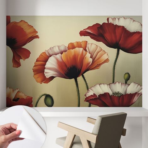 Papier peint adhésif avec colle pour décoration moderne de salon chambre à coucher cuisine et bureau Facile Coquelicots joyeux 104x70 cm (1/5)