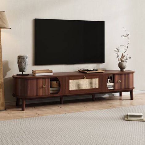 Mueble TV de madera, estilo escandinavo, ratán natural, con 2 puertas, 1 cajón, mueble de salón, 170 x 39 x 38 cm