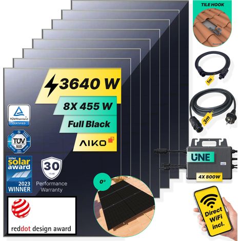 ROBINSUN®️ Kit Solar Enchufable Performance Roof 3.640Wp, 8 paneles Aiko 455Wp +4 Microinversores 800W Wifi incluído+Cable 3m+8 Fijaciones Salvateja (1/5)