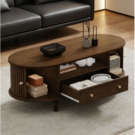 Mesa de centro ovalada 100x50x36 cm de MDF chapado en nogal marrón con almacenaje - MEUBLIV (1/5)