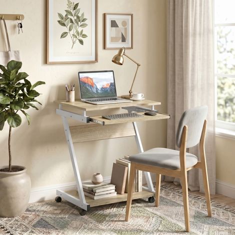 Bureau d'ordinateur sur roulettes, 4 roues pivotantes, tiroir clavier coulissant, finition chêne, poste de travail mobile avec planche pratique. (1/5)