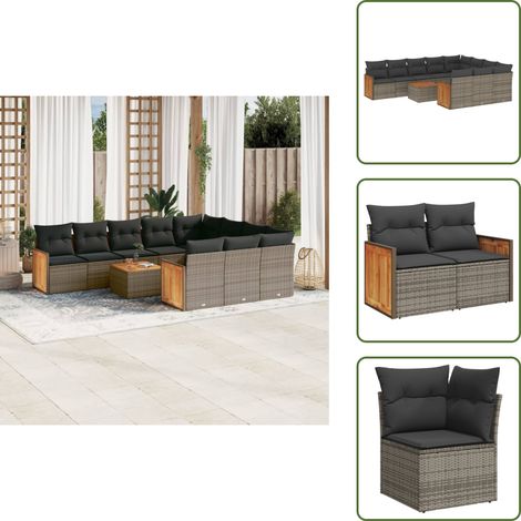 The Living Store 11-tlg. Garten-Sofagarnitur mit Kissen Grau Poly Rattan - Gartengestelle - Gartenmöbelset - Outdoor Möbel - Lounge Set - Rattan Gartenmöbel