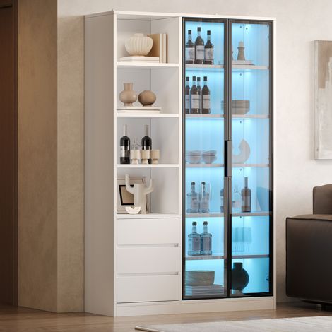 Vitrine 100/35/160 cm blanche avec LED, portes en verre et 3 tiroirs (1/5)