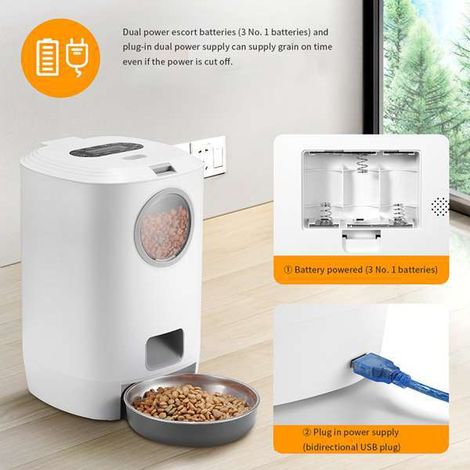 An intelligent automatic pet food dispenser in white plastic for cats and dogs, with programmed and quantitative dispensing, large capacity of 4.5 L.