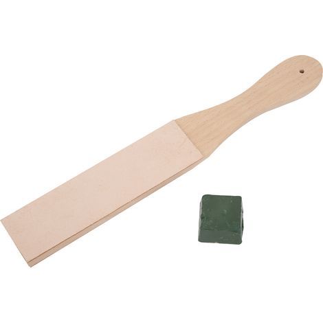 Étrier d'affûtage en cuir double face avec pâte à polir et planche en bois (1/5)