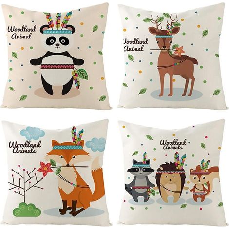 Housses de Coussin Lin, Animaux de Dessin animé coloré, Décoratif Canapé Taie d'oreiller Decoration Canapé d'extérieur pour Chambre, Chambre d'enfants, Chaise, Lit, Jardin 45x45CM, Set de 4 (1/5)