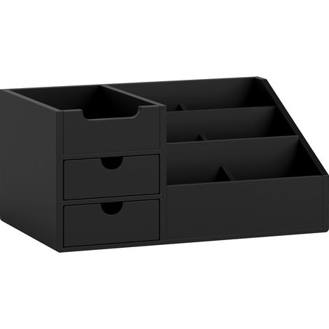 Boîte de rangement bureau 7 compartiments 2 tiroirs organisateur bureau bambou verni noir (1/5)
