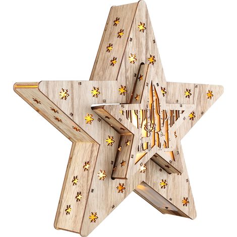 LED Holz Stern 2er Set - 33cm - Weihnachtsstern mit 16 LED warm weiß - Tisch Fenster Weihnachts Deko Batterie betrieben