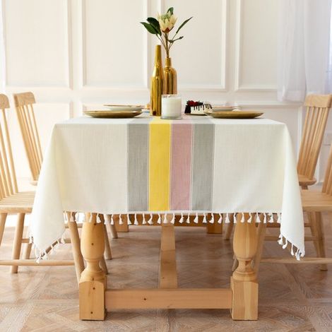 Nappe rectangulaire d'extérieur en lin, nappe en coton imperméable de style bohème champêtre avec pompons, robuste et infroissable, pour les pique-niques (1/5)