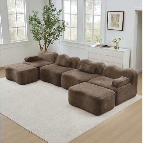 Sofá modular en U de 4 plazas con 2 pufs, sin armazón, espuma 32D, terciopelo marrón DESVIAE (1/5)