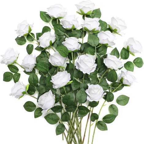 Lot de 20 roses artificielles en soie avec tige - Bouquet de roses artificielles réalistes pour la maison, le bureau, les fêtes, les mariages, les arrangements de jardin (rose blanche) (1/5)