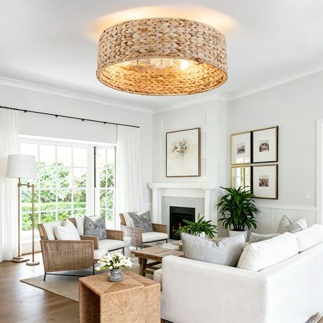 REDOM Deckenventilator mit Licht, handgeflochtener Rattanschirm, App und Fernbedienung, 6 Stufen, Kunststoff und Rattan, kupferfarben (1/5)