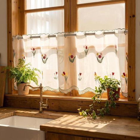 Cortina de café bordada para cocina – Cortina de ventana con estampado floral – Cortina corta translúcida para baño (150 x 50 cm, 1 pieza) (1/5)