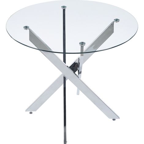 Table de salle à manger ronde 80x80x75 cm avec plateau en verre trempé et pieds en métal croisés argentés (1/5)