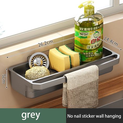 Étagère de rangement pour robinet de cuisine, égouttoir réglable sans trou avec bac de récupération, étagère murale pour éponges (1/5)