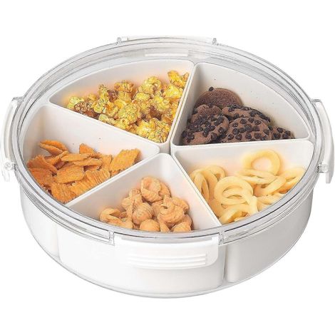 Plateau de service rond en plastique blanc compartimenté avec couvercles, 5 récipients individuels pour la conservation des aliments, plateau de service pour collations, fruits, légumes, bonbons, etc. (1/5)