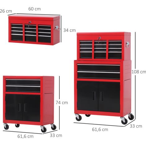 Werkzeugschrank mit Werkzeugkiste, rollbar, 6 Schubladen, Metall, Rot