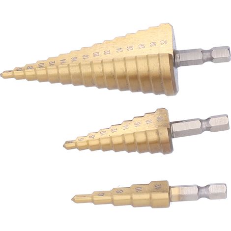 3-teiliges Stufenbohrer-Set, metrisch, Profi-Kegelbohrer, HSS-Sechskantschaft, 4–32 mm + automatischer Zentrierstempel, Pagodenform (1/5)