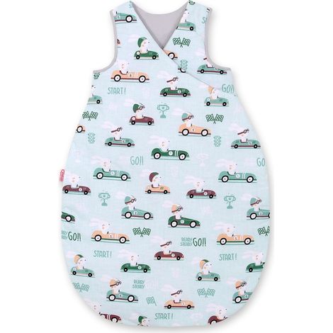 Saco de dormir de algodón para niños de 3 a 12 meses, talla M, TOG 2.5, aislante para todo el año - conejitos en coches, color menta (1/3)