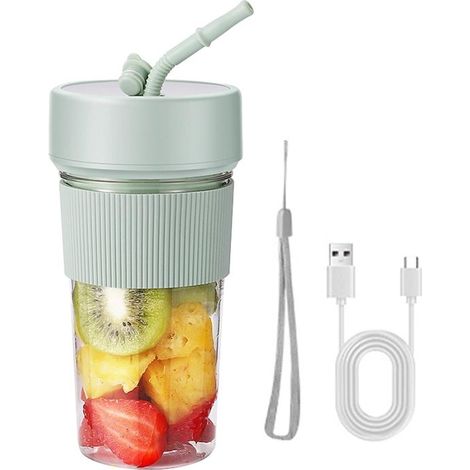 Mini frullatore portatile con capacità di 350 ml, ideale per i viaggi. Dimensioni: 8,8 x 8,8 x 17,4 cm. Perfetto per frullati e milkshake. Dotato di cannuccia e 6 lame. Adatto a casa, cucina, viaggi e