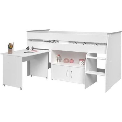 Calicosy – Lit combiné enfant PARISOT ZOLA – Blanc – 90x200 cm – Sommier inclus – Bureau sur roulettes et rangement intégré