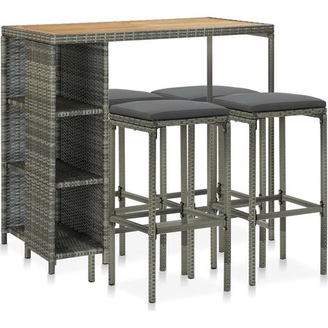 Meuble de bar de jardin 5 pcs et coussins Résine tressée Gris 3 (1/5)