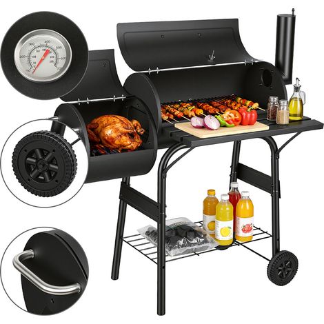 TolleTour Barbecue a carbone con griglia di cottura, stazione grill su ruote con 2 camere, carrello da giardino con 2 ruote e indicatore di temperatura