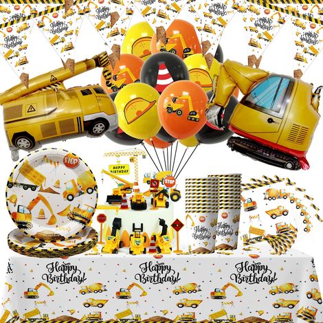 101pcs Fournitures de Fête de Construction,Tracteur Vaisselle Set,Inclus Assiette, Nappe, Bannière, Tasse, Serviette, Ballon, Décoration de Gâteau, Fête D'anniversaire D'enfant 20 Invités Par Paquet (1/5)