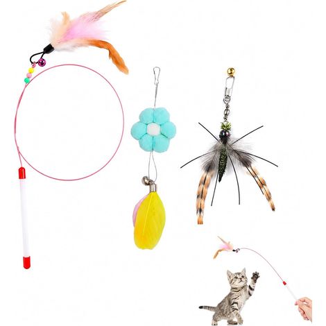 1 Canne à Plume pour Chat + 2 Têtes de Rechange – Imitation Insecte et Fleur en Plumes, Plumes Naturelles avec Grelot, Éveille l'Instinct de Chasse, Idéal pour Jeux Interactifs (1/5)