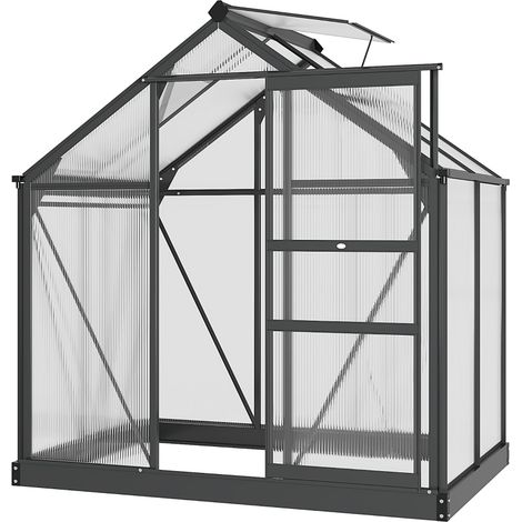 6 x 4ft Polycarbonate Greenhouse, Large Walk-In Green House with Slide Door and Window, Garden Plants Grow House with Aluminium Frame and Foundation, Grey
