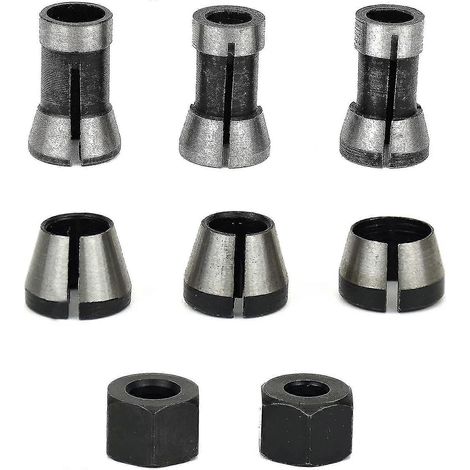 Mandrin de fraisage (6 pièces), mandrin de finition à pince de 6 mm, 6,35 mm et 8 mm, mandrin pour défonceuse à bois, adaptateurs pour pince de défonceuse et machine à graver + 2 écrous (1/5)
