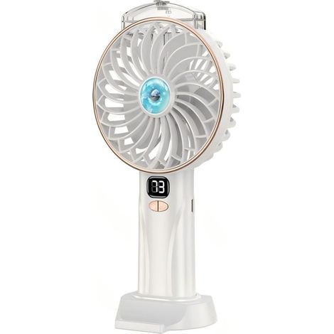 Ventilateur portable blanc et or 4,3 pouces à 3 pales, 5 vitesses, batterie 2400 mAh, avec support de table (1/3)