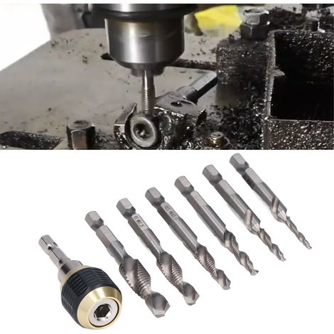 Jeu de 7 tarauds composés à tige hexagonale de 1/4 pouce + mandrin à changement rapide escamotable pour le perçage, le taraudage et le chanfreinage. (1/5)