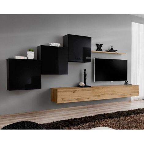 Meuble TV Mural Design "Switch X" 330cm Noir & Naturel (1/4)