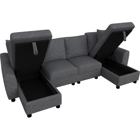 Divano modulare a U in ciniglia grigio con contenitore, 280 x 137 x 84 cm, MODENUIT (1/5)