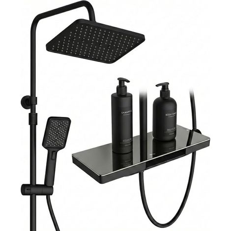 Duschsystem mit Thermostat & Ablage, 2026 Neu Eckig Duschsystem ohne Armatur - 2 Klaviertastenkopf Ekig Regendusche Schwarz mit Kopfbrause Handbrause - Duschset mit Armatur für Badezimmer (1/5)