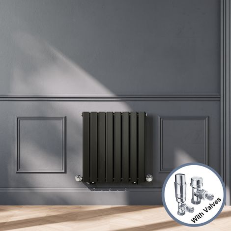 ELEGANT Black Designer Horizontal Radiator Single Panel Rads 600 x 544mm with Chrome Angled Thermostatic Radiator Valves (1/5)