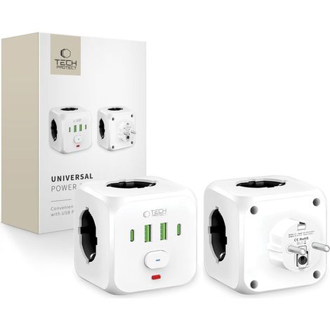 TECH-PROTECT PCL3X4 STECKDOSEN-SET MIT 2 USB-ANSCHLÜSSEN, 2 USB-C-ANSCHLÜSSEN UND 3 STECKDOSEN, WEISS