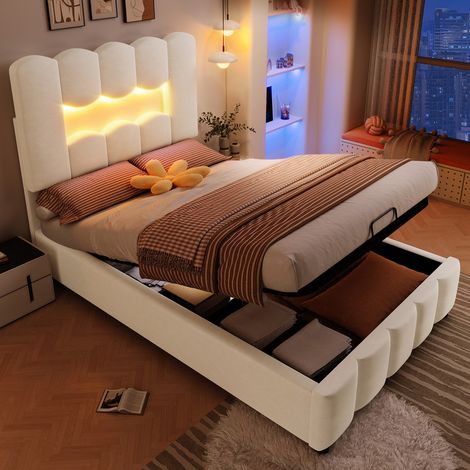 Lit coffre capitonné 90 x 200 cm - avec éclairage LED - tête de lit réglable - velours - beige (matelas non inclus)