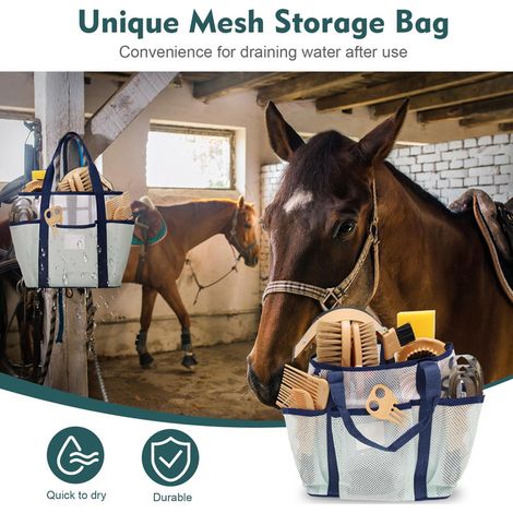 Kit de Toingtage pour Cheval 13 Pièces avec Sac de Rangement en Maille Étrille Brosse Sabot Peigne Accessoires de Soins pour Chevaux Poneys (1/5)