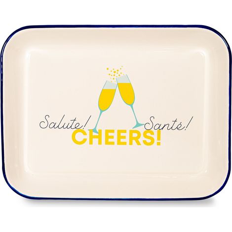 WD LifeStyle Vassoio in Latta Smaltata 34 x 25,5 Cm Decoro "Salute, cheers, santé"