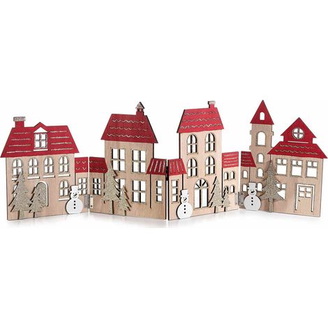 Barrières pliables en bois découpé village de Noël, paillettes dorées, set de 2, 59,5 x H. 20 cm