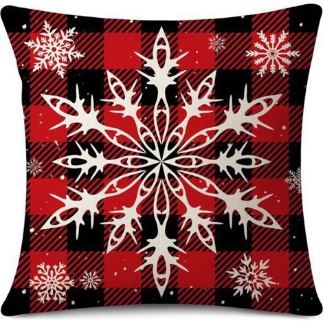 Housse De Coussin - Noel - 45x45 Cm - Motif Flocons Sapins Rennes Bonhommes De Neige Carreaux Rouges Et Noirs - Lot De 4 (1/5)