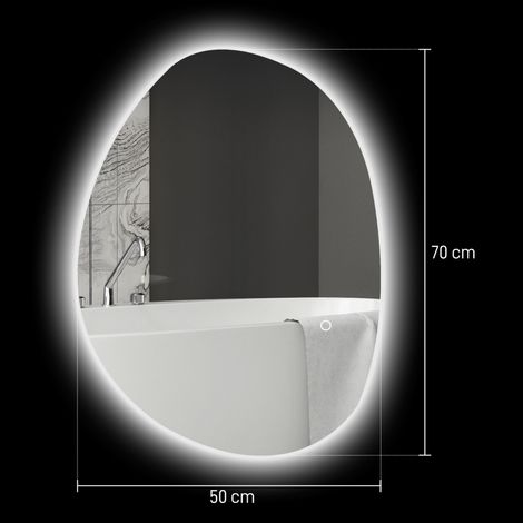 Miroir mural LED asymétrique 70x50cm salle de bain, éclairage intégré, capteur tactile, anti-buée, finition argentée (1/5)