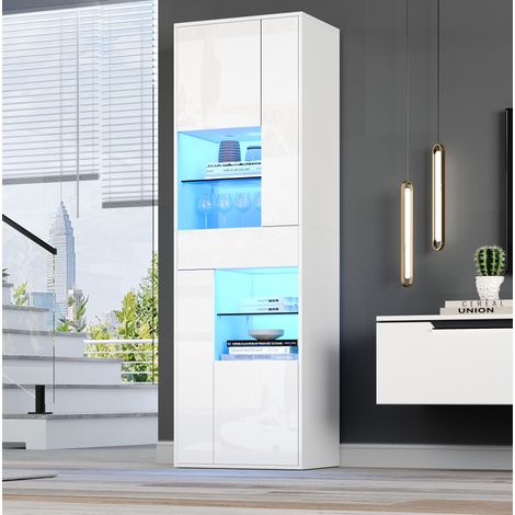 Vitrina alta 55 x 38 x 170 cm con 1 cajón, 4 armarios, LED y vidrio templado, blanco DESVIAE (1/5)